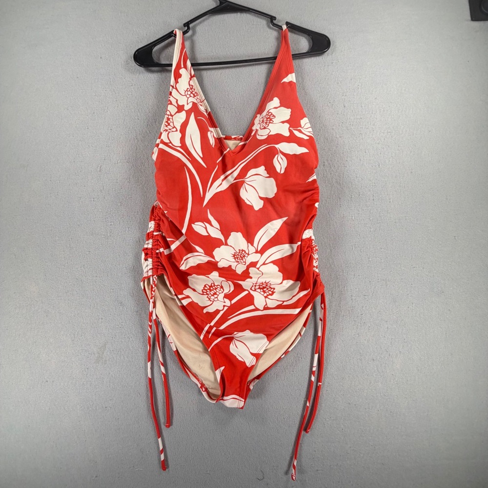 Kona Sol Women L One Piece Swimsuit Red White Floral Ruched Tropical Summer